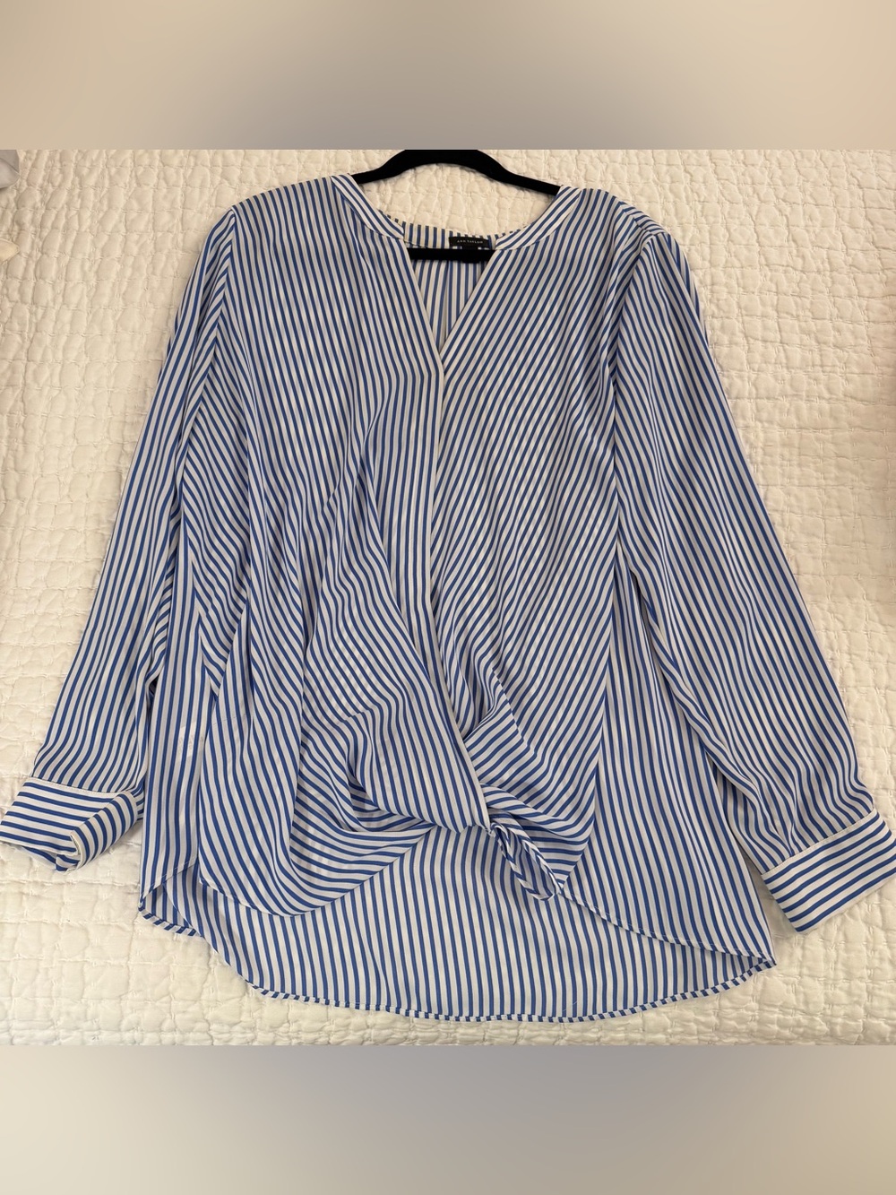 Ann Taylor Blue and White Striped Knot-Front Blouse